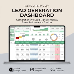Lead Generation Dashboard | Sales Pipeline Tracker | CRM Client Log Spreadsheet | Conversion Rate Analysis | Excel Marketing Template