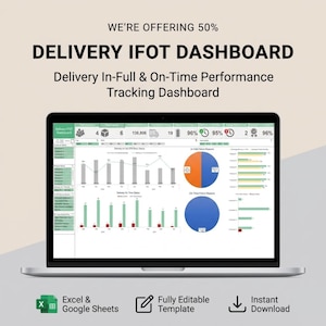 Peut inclure: Un écran d'ordinateur portable affiche un "Delivery IFOT Dashboard" avec des graphiques et des tableaux. Le texte indique "Delivery In-Full & On-Time Performance Tracking Dashboard." Icônes pour Excel, Google Sheets, modèle modifiable et téléchargement instantané.