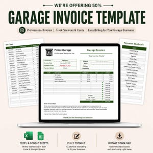 May include: A digital garage invoice template displayed on a laptop screen, featuring sections for services, payment methods, and business details. The document includes columns for code, description, rate, hours, and amount, with text in English.