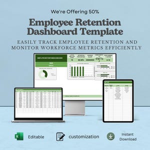 May include: An Employee Retention Dashboard Template displayed on a computer monitor, a laptop, and a tablet. The screens show data tables, charts, and metrics in green and white. Text includes "We're Offering 50%" and "EASILY TRACK EMPLOYEE RETENTION".