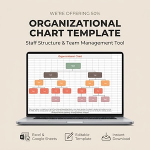 May include: A laptop displays an organizational chart template with a grid background. The chart features a hierarchical structure with text boxes in various colors. Text at the top reads "ORGANIZATIONAL CHART TEMPLATE". Icons for Excel, editable template, and instant download are shown.