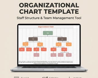 May include: A laptop screen shows an organisational chart template with a grid background. The chart has a hierarchical structure with coloured text boxes. Text at the top reads "ORGANISATIONAL CHART TEMPLATE". Icons for Excel, editable template, and instant download are shown.