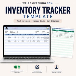 Könnte beinhalten: Eine digitale Inventar-Tracker-Vorlage auf einem Laptop-Bildschirm und einem ausgedruckten Blatt. Der Bildschirm zeigt ein Prime Sheet mit Spalten für Artikelcode, Beschreibung, Kategorie, Menge, Lagerort, Kosten und Notizen. Text: Inventory Tracker Template.