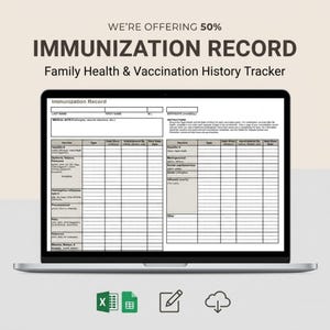 May include: A digital immunization record and family health vaccination history tracker displayed on a laptop screen. The form includes fields for personal information, medical notes, and a detailed table for tracking various vaccine types and dates.