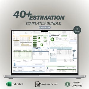 Può includere: Un laptop mostra un foglio di calcolo con il testo "40+ Estimation Templates Bundle". Lo schermo mostra vari grafici e tabelle di dati. Le icone sotto il laptop indicano "Editable", "customization" e "Instant Download".