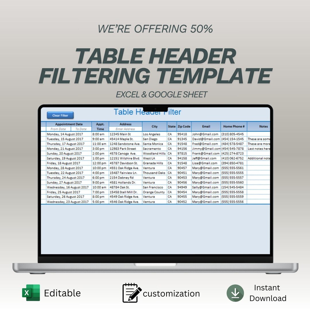 Table Header Filtering Template | Dynamic Data Filter Spreadsheet ...