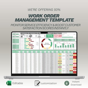 May include: A laptop displaying a work order management template with data visualizations. The screen shows charts, graphs, and numerical data, with the text "WE'RE OFFERING 50% WORK ORDER MANAGEMENT TEMPLATE". Icons for "Editable", "customization", and "Instant Download" are at the bottom.