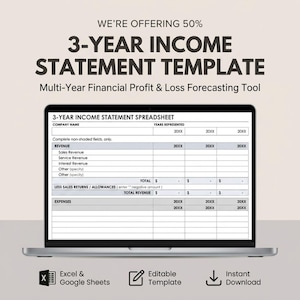 May include: A laptop screen shows a 3-Year Income Statement Template. The spreadsheet includes sections for revenue, expenses, and totals. Text at the top reads "WE'RE OFFERING 50%" and "Multi-Year Financial Profit & Loss Forecasting Tool."