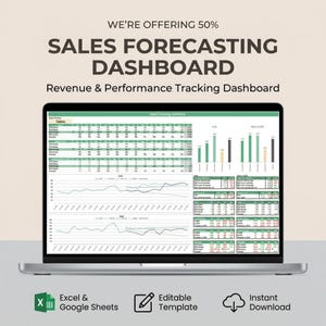 May include: A laptop displaying a sales forecasting dashboard with charts and data tables. The screen shows revenue and performance tracking information. Text on the screen includes "Sales Forecasting Dashboard." Additional text states "Excel & Google Sheets," "Editable Template," and "Instant Download."