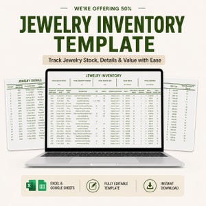 Può includere: Uno schermo di computer portatile che mostra un modello digitale di inventario di gioielli con colonne per i dettagli degli articoli, i numeri di stock e i prezzi. Lo schermo mostra testo tra cui WE'RE OFFERING 50%, JEWELRY INVENTORY TEMPLATE e Track Jewelry Stock.