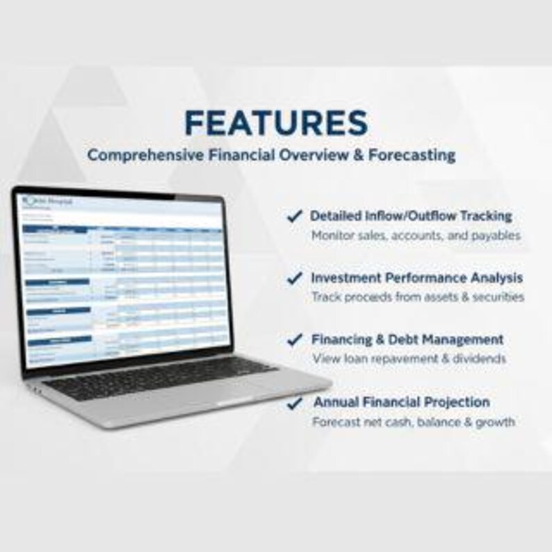May include: A silver laptop displays a financial overview with blue and white data tables. The screen shows "FEATURES" and "Comprehensive Financial Overview & Forecasting." Bullet points detail "Detailed Inflow/Outflow Tracking," "Investment Performance Analysis," "Financing & Debt Management," and "Annual Financial Projection."