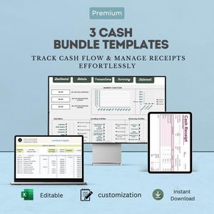 Può includere: Un pacchetto digitale di tre modelli di cassa visualizzati su un monitor di computer, un portatile e un tablet. Il testo recita Premium, 3 CASH BUNDLE TEMPLATES, TRACK CASH FLOW & MANAGE RECEIPTS EFFORTLESSLY, Editable, customization, Instant Download.