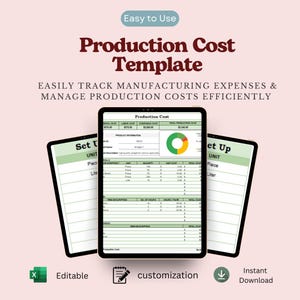May include: A digital production cost template displayed on three tablet screens. The text reads Production Cost Template, Easily Track Manufacturing Expenses & Manage Production Costs Efficiently, Set Up, and Production Cost. Includes a pie chart.