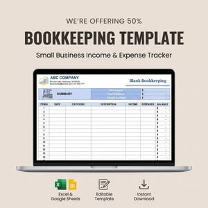 Bookkeeping Template | Small Business Income Expense Tracker | Current Balance Log | Daily Transaction Dashboard Excel Google Sheets
