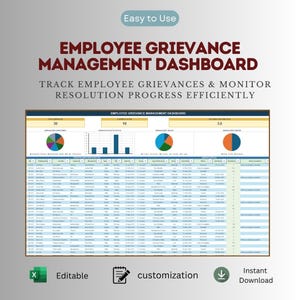 May include: An Employee Grievance Management Dashboard digital template featuring a data table, pie charts, and bar graphs. The text reads: Easy to Use, EMPLOYEE GRIEVANCE MANAGEMENT DASHBOARD, TRACK EMPLOYEE GRIEVANCES & MONITOR RESOLUTION PROGRESS EFFICIENTLY.