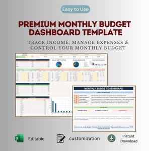May include: A digital premium monthly budget dashboard template featuring a spreadsheet interface with income and expense trackers, pie charts, and bar graphs. Includes a quick start guide, color key, and editable fields for financial planning.