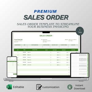 May include: A laptop displays a green and white sales order template, with a smartphone and tablet showing the same document. The words "PREMIUM SALES ORDER" are at the top, with icons for "Editable", "customization", and "Instant Download".
