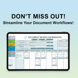 Puede incluir: Una tableta negra muestra una interfaz de gesti&oacute;n de flujo de trabajo de documentos. La pantalla muestra un dise&ntilde;o detallado con varias secciones, texto y una barra lateral codificada por colores. El texto en la parte superior dice "DON'T MISS OUT!" y "Streamline Your Document Workflows!"