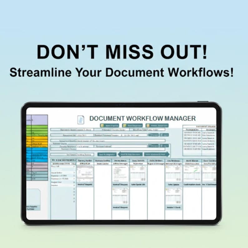 Puede incluir: Una tableta negra muestra una interfaz de gesti&oacute;n de flujo de trabajo de documentos. La pantalla muestra un dise&ntilde;o detallado con varias secciones, texto y una barra lateral codificada por colores. El texto en la parte superior dice "DON'T MISS OUT!" y "Streamline Your Document Workflows!"