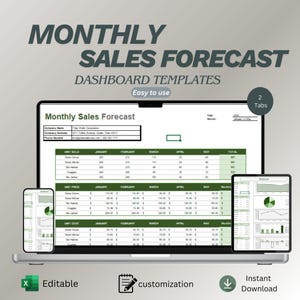 May include: A laptop, smartphone, and tablet display a monthly sales forecast dashboard template. The screen shows a spreadsheet with data, and the text "MONTHLY SALES FORECAST DASHBOARD TEMPLATES" is at the top. Icons indicate the template is editable and customizable.