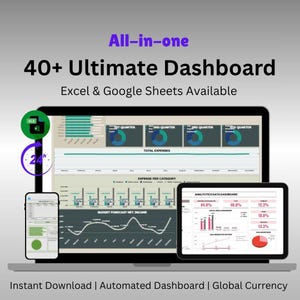 以下が含まれることがあります： データダッシュボードを表示するラップトップ、タブレット、スマートフォンを示すデジタルグラフィック。テキストは「All-in-one 40+ Ultimate Dashboard」と「Excel & Google Sheets Available」です。追加のテキストには「Instant Download | Automated Dashboard | Global Currency」が含まれています。