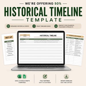 May include: A digital historical timeline template displayed on a laptop screen, flanked by two printed documents labeled Set Up and Historical Event Tracker. The interface features columns for time periods, events, and descriptions in green and white.