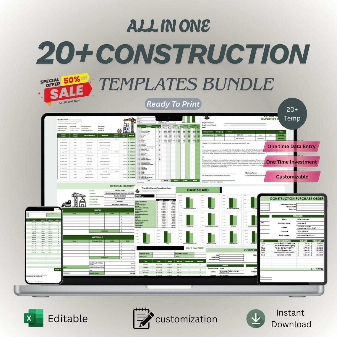 Construction Excel Template Bundle | Project Cost Estimator | Digital ...