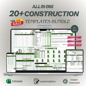 May include: A laptop, smartphone, and tablet display a construction templates bundle. The screen shows spreadsheets and charts with green accents. Text includes "20+ CONSTRUCTION TEMPLATES BUNDLE" and "Editable". A sale banner is also visible.