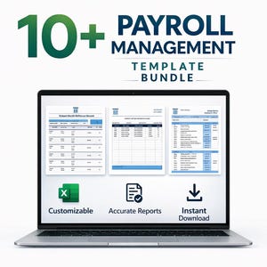 Puede incluir: Un portátil muestra un paquete de plantillas de gestión de nóminas. La pantalla muestra tres documentos con tablas de datos. El texto incluye "10+ Payroll Management Template Bundle", "Personalizable", "Informes precisos" y "Descarga instantánea".