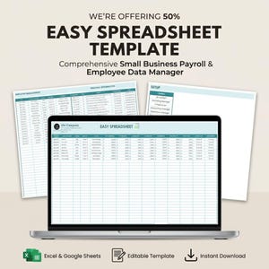 May include: A laptop screen displaying an Easy Spreadsheet template for payroll and employee data management. The screen shows columns for employee details, while two printed pages behind the laptop show additional management data tables.