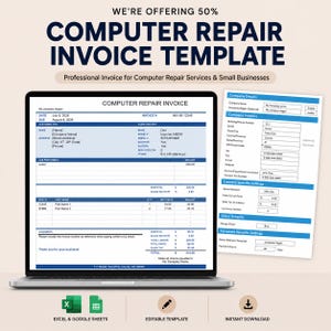 Pode incluir: Um modelo de fatura de reparação de computadores exibido no ecrã de um portátil e numa página de documento separada. O modelo inclui campos para informações do cliente, detalhes do computador, trabalhos realizados e totais.