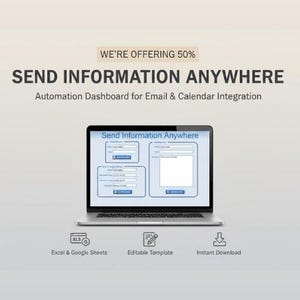 Op de afbeelding: Een zilveren laptop toont een webpagina met de tekst "Send Information Anywhere". De pagina heeft invoervelden en de zinnen "Excel & Google Sheets", "Editable Template" en "Instant Download" staan eronder. De tekst "WE'RE OFFERING 50%" staat bovenaan.