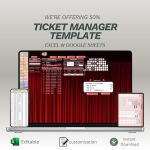 May include: A laptop, smartphone, and tablet display a ticket manager template. The laptop screen shows a spreadsheet with red curtains in the background. The text reads "TICKET MANAGER TEMPLATE" and "EXCEL & GOOGLE SHEETS". Icons indicate editability, customization, and instant download.