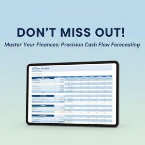 May include: A tablet displays a financial spreadsheet with blue and white rows and columns. The screen shows the text "DON'T MISS OUT!" and "Master Your Finances: Precision Cash Flow Forecasting."