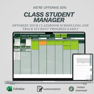 Puede incluir: Un portátil que muestra una interfaz de "Class Student Manager", junto con una tableta que muestra un horario detallado. La pantalla muestra un horario con detalles del instructor y del estudiante. El texto incluye "Editable", "Customization" e "Instant Download".