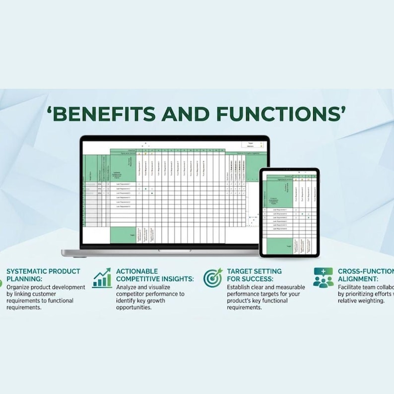 May include: A laptop and tablet display a spreadsheet with a green and white color scheme. The text at the top reads 'BENEFITS AND FUNCTIONS'. Below are icons and text describing product planning, competitive insights, target setting, and cross-functional alignment.