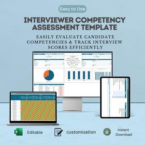 May include: An interviewer competency assessment template displayed on a computer monitor, a laptop, and a tablet. The screens show data charts, a radar graph, and a color-coded grid. Text includes "Easy to Use," "Interviewer Competency Assessment Template."