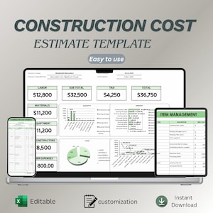 Puede incluir: Una plantilla de estimación de costos de construcción que se muestra en una computadora portátil, una tableta y un teléfono inteligente. La plantilla incluye secciones para mano de obra, materiales y otros gastos. El texto "CONSTRUCTION COST ESTIMATE TEMPLATE" está en la parte superior, con "Easy to use" debajo. También hay iconos de personalización y descarga instantánea.
