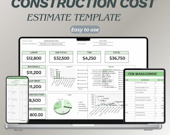 Construction Cost Estimate Template for Excel Google Sheets | Project Cost Calculator & Budget Planning Tool