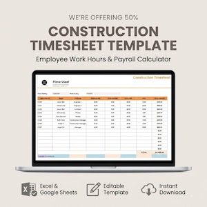 Può includere: Un laptop mostra un modello di registro presenze per l'edilizia. Lo schermo mostra un foglio di calcolo con le ore di lavoro dei dipendenti e i calcoli dei salari. Il testo in alto recita "WE'RE OFFERING 50% CONSTRUCTION TIMESHEET TEMPLATE".