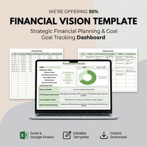 May include: A digital financial vision template displayed on a laptop screen, featuring a green pie chart, goal tracking tables, and columns for revenue growth and profit margins. The text includes Financial Vision Template and Goal Tracking Dashboard.