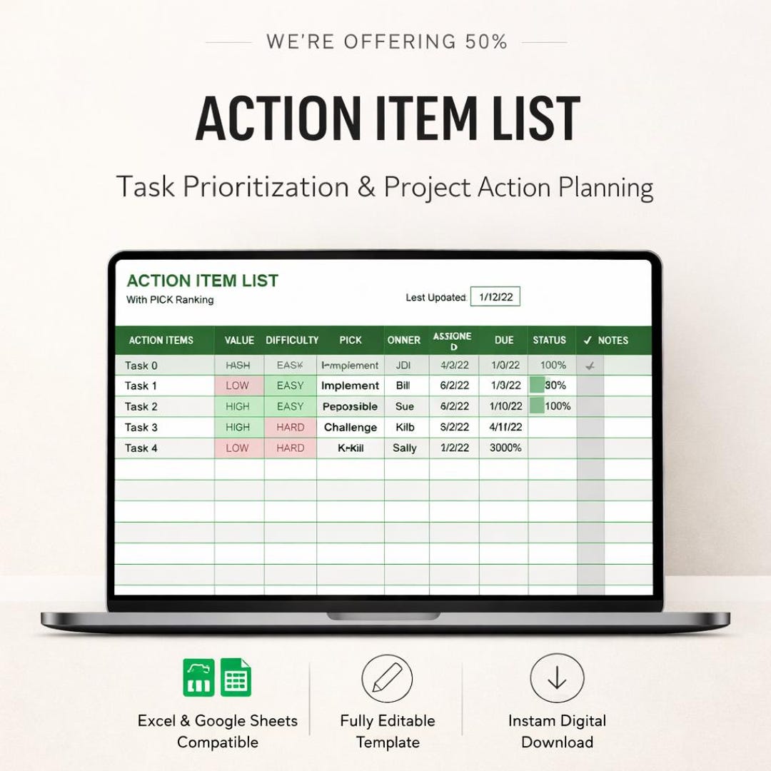Example Action Item Task Icon Action Item List Template | PICK Chart Task Tracker | Priority Matrix ...