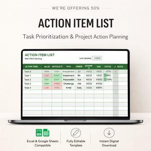 May include: A laptop displays an "ACTION ITEM LIST" template for task prioritization and project action planning. The screen shows a spreadsheet with columns for action items, value, difficulty, and due dates. The image also includes icons for Excel & Google Sheets compatibility, a fully editable template, and instant digital download.