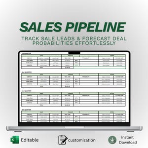 May include: A laptop screen showing a sales pipeline spreadsheet, with the title "SALES PIPELINE" in green. The spreadsheet tracks sales leads and deal probabilities. Icons for "Editable", "customisation", and "Instant Download" are at the bottom. The spreadsheet is divided into quarters.
