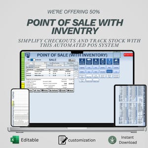 May include: A laptop, tablet, and smartphone display a point-of-sale (POS) system interface. The screen shows a sales interface with product details. Text includes "Point of Sale with Inventory" and "Simplify Checkouts". Icons for "Editable", "Customization", and "Instant Download" are also present.