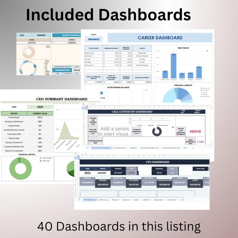 Puede incluir: Una colecci&oacute;n de paneles de control empresariales digitales que incluyen un Career Dashboard, CEO Summary Dashboard, Call Center KPI Dashboard y CFO Dashboard. Los dise&ntilde;os presentan varias tablas, gr&aacute;ficos de barras, gr&aacute;ficos circulares y datos financieros.