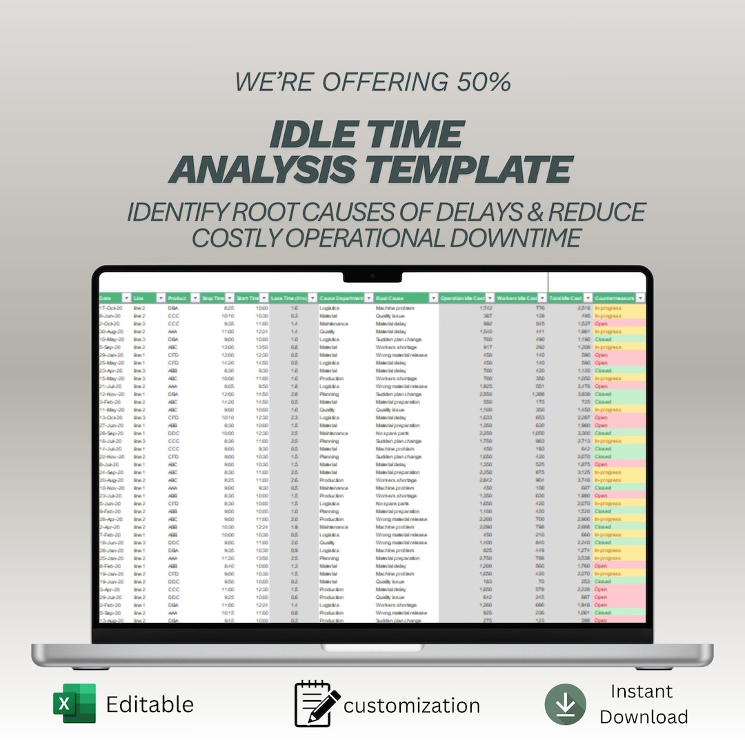 Idle Time Analysis Template | Machine Downtime Tracker | Production ...