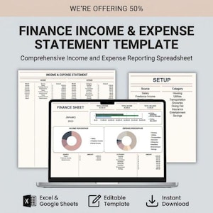 May include: A digital finance income and expense statement template displayed on a laptop screen with two printed document versions behind it. The interface features charts, tables, and categories for tracking monthly financial data in Excel and Google Sheets.