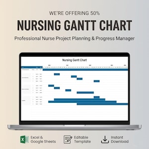 Può includere: Un laptop mostra un "Nursing Gantt Chart" con barre blu che rappresentano le tempistiche del progetto. L'immagine presenta un modello di gestione del progetto e monitoraggio dei progressi. Il testo recita "WE'RE OFFERING 50%" e "NURSING GANTT CHART".