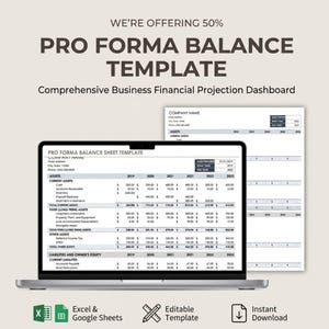 Pode incluir: Um laptop exibe um "Modelo de Balanço Pro Forma" com dados financeiros, incluindo ativos e passivos. A imagem também inclui o texto "Excel & Google Sheets", "Modelo editável" e "Download instantâneo".